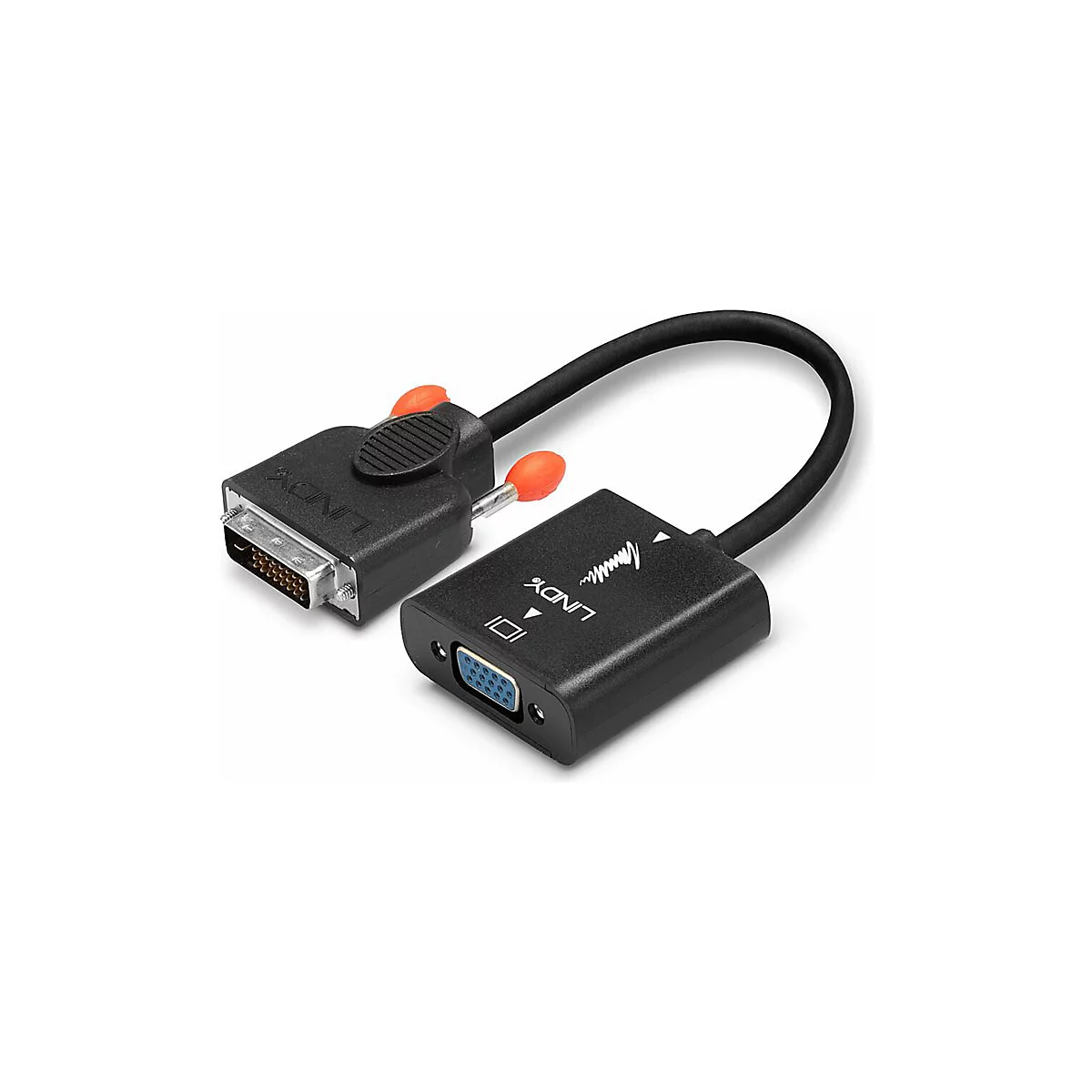 Un adaptateur DVI vers VGA noir. Il possède un boîtier noir, un câble noir et des vis orange.