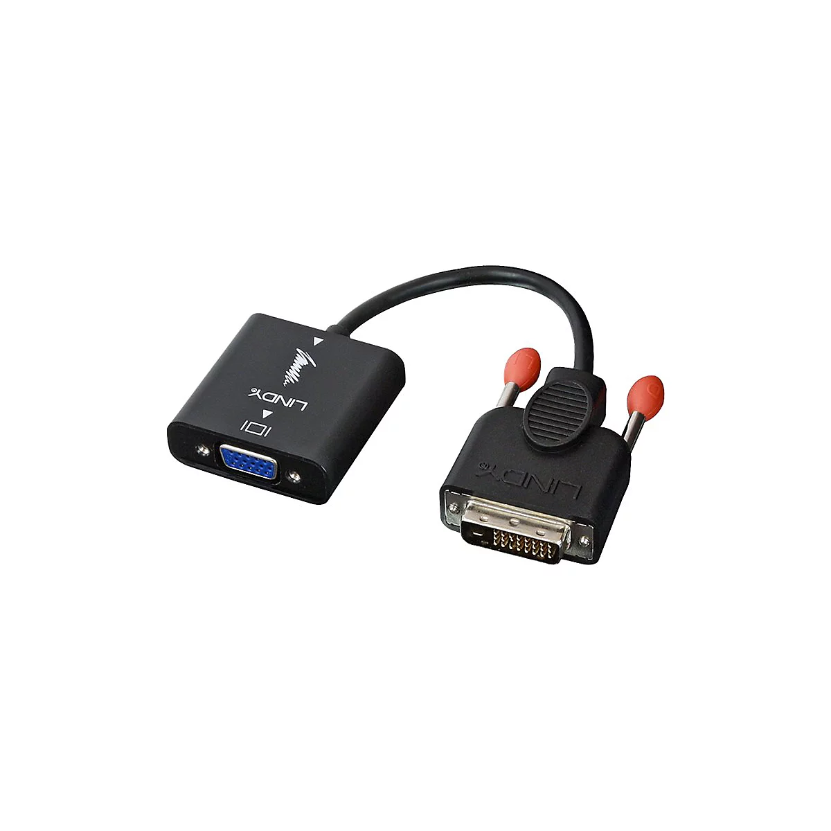 Adaptateur Lindy noir, avec connecteurs DVI et VGA. La prise a des vis rouges.