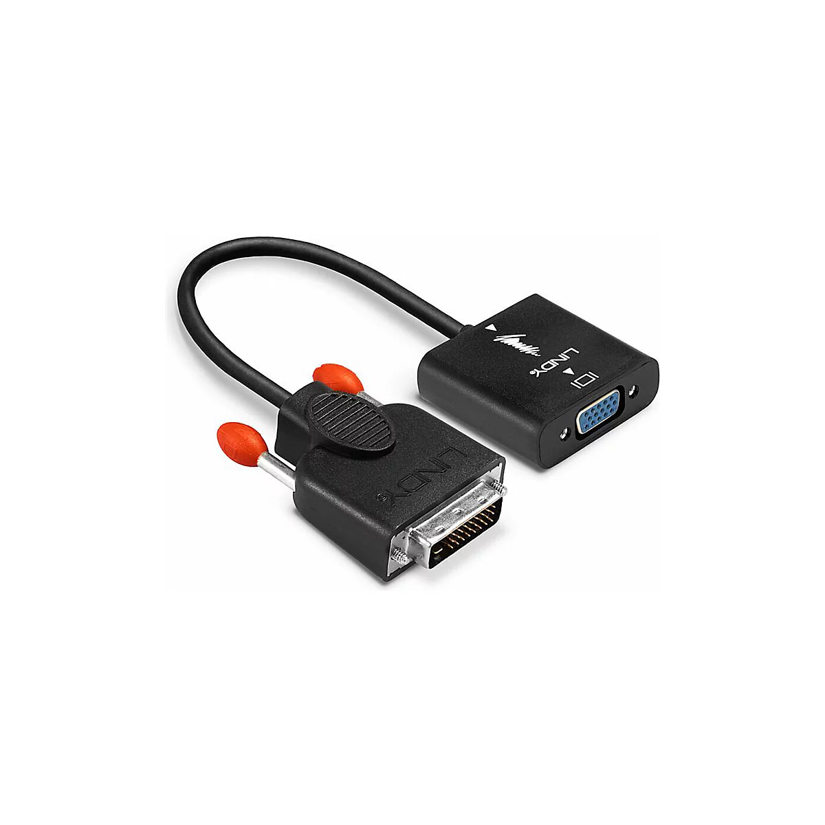 Adaptateur DVI vers VGA noir avec vis orange et logo LINDY.