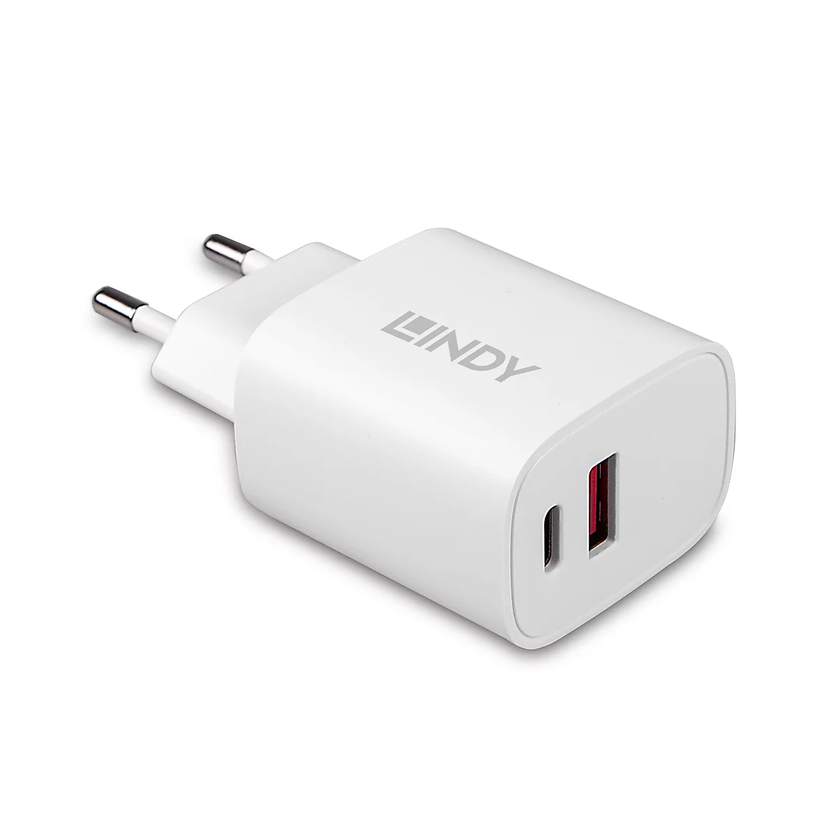 Chargeur Lindy blanc avec ports USB. Prise et prise USB rouge sur fond blanc.