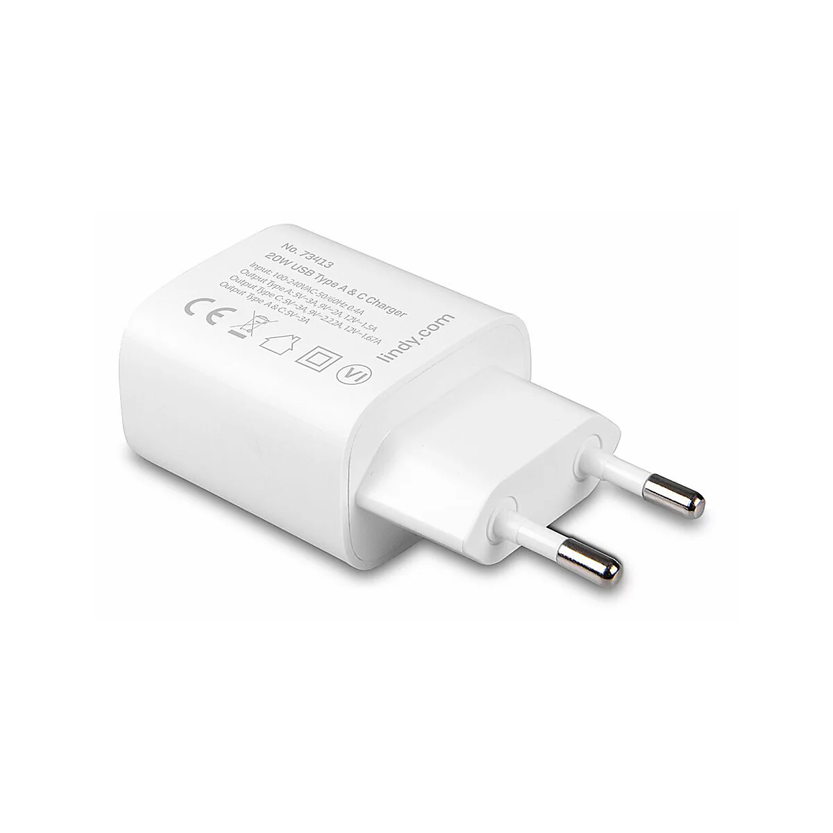 Un chargeur USB blanc avec impression. Deux broches argentées dépassent de l'avant.