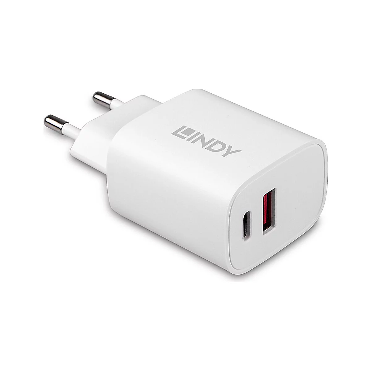 Adaptateur secteur blanc avec ports USB. Inscription : LINDY. Deux ports USB sont clairement visibles.