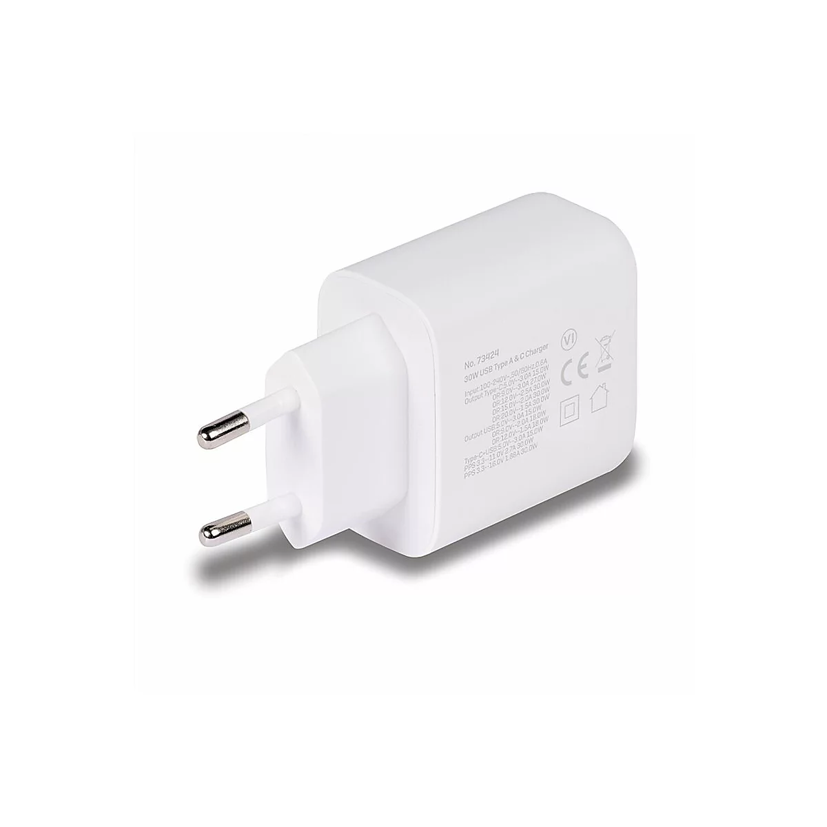 Chargeur USB blanc avec prise UE ; texte avec spécifications techniques. Sur fond blanc.