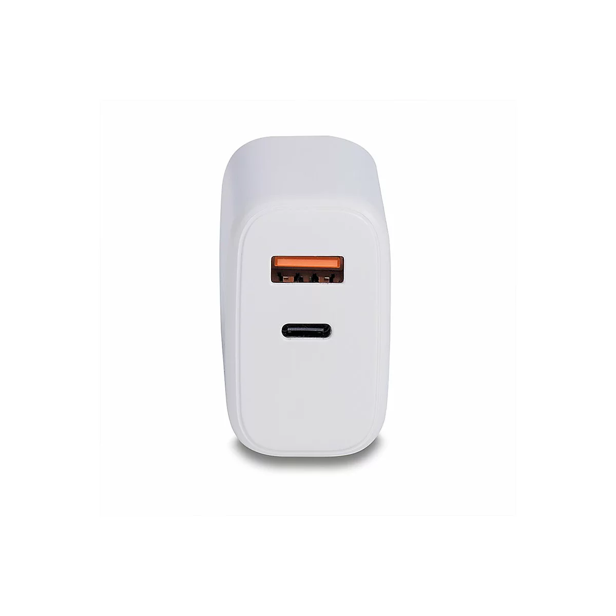 Chargeur blanc avec port USB-C et port USB orange. L'appareil est debout.