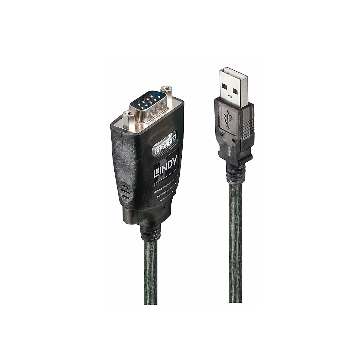 Câble noir avec connecteurs USB et DB9. La fiche porte l'inscription LINDY.