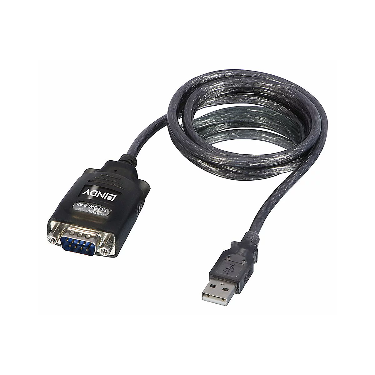 Un câble Lindy noir, connecteur USB-A vers DB9. La partie enroulée du câble est en spirale.