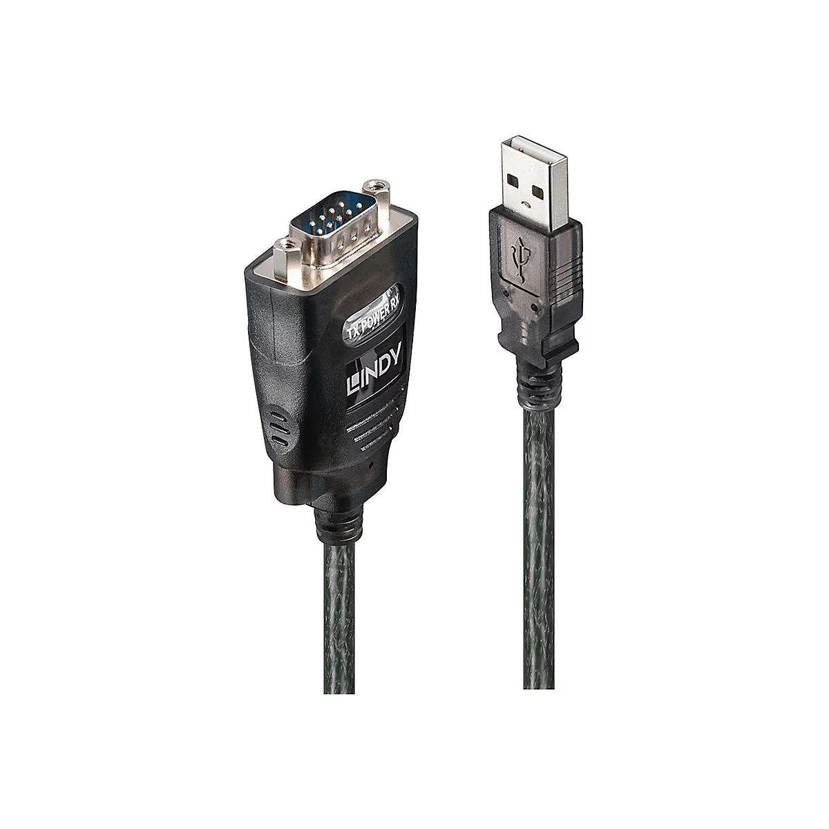 Câble USB noir avec port série. Le câble possède un connecteur USB-A et un connecteur D-sub à 9 broches.