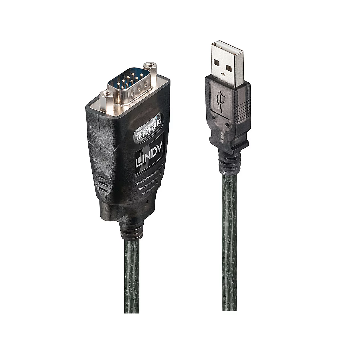 Câble LINDY noir avec connecteurs USB-A et DB9. Le connecteur indique "TX POWER RX".