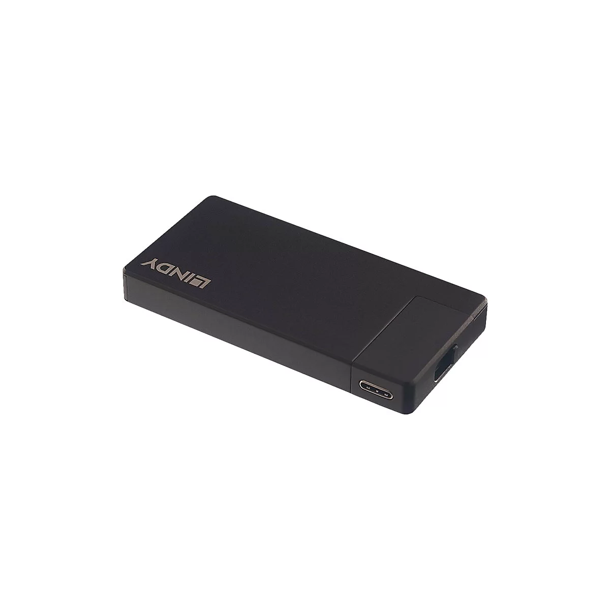 Ein schwarzer, rechteckiger LINDY-Adapter, eine USB-C-Buchse. Die OberflÃ¤che ist glatt, das Logo ist silbern.