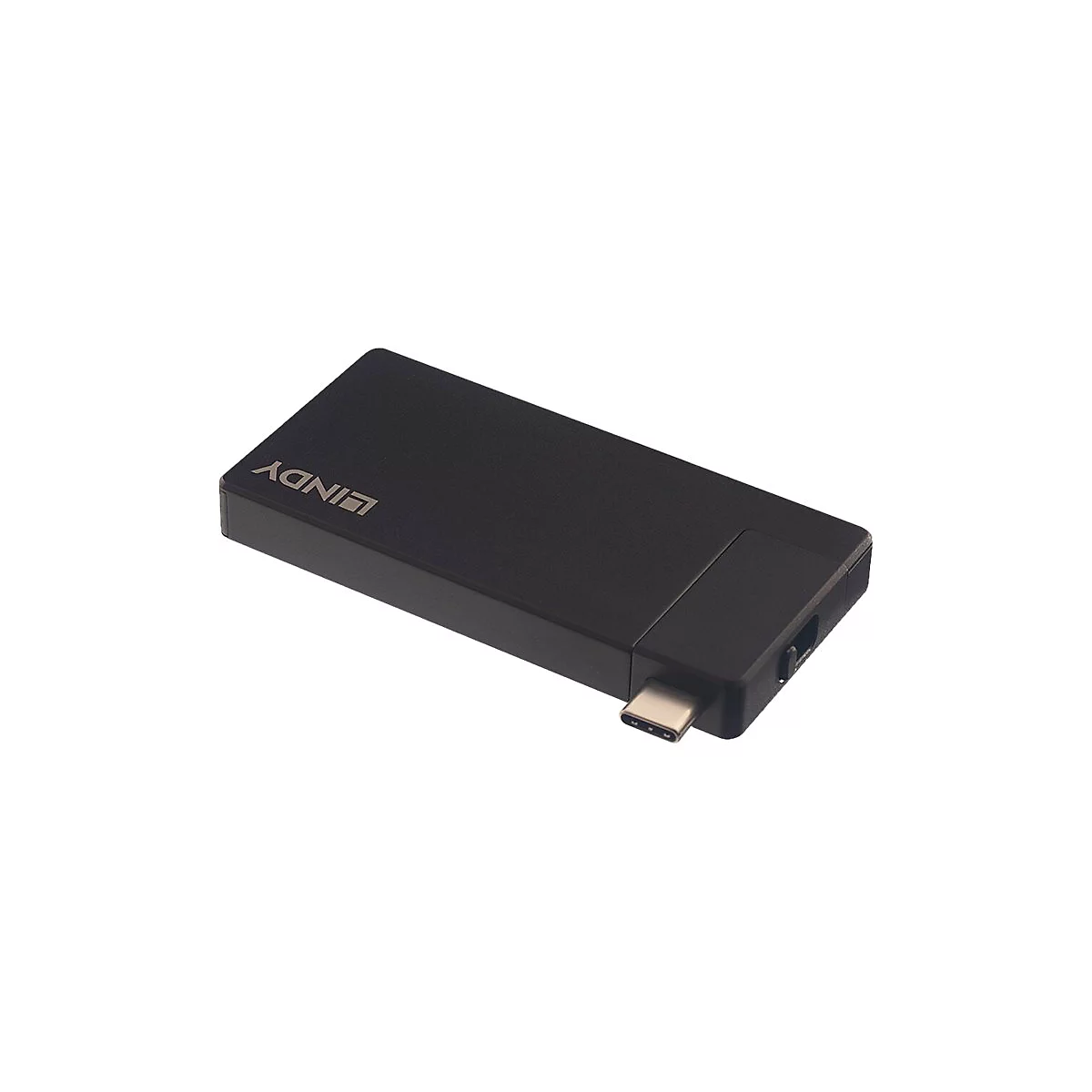 Schwarzer Lindy Adapter mit USB-C Anschluss, Logo. Auf hellem Hintergrund.