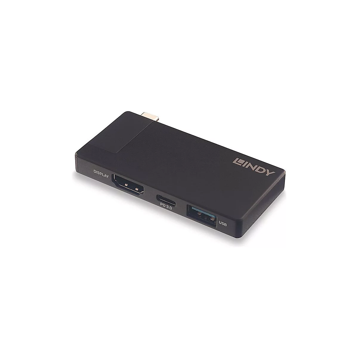 Schwarzer Lindy USB-C Multiport-Adapter. AnschlÃ¼sse fÃ¼r Display, USB und PD 3.0.