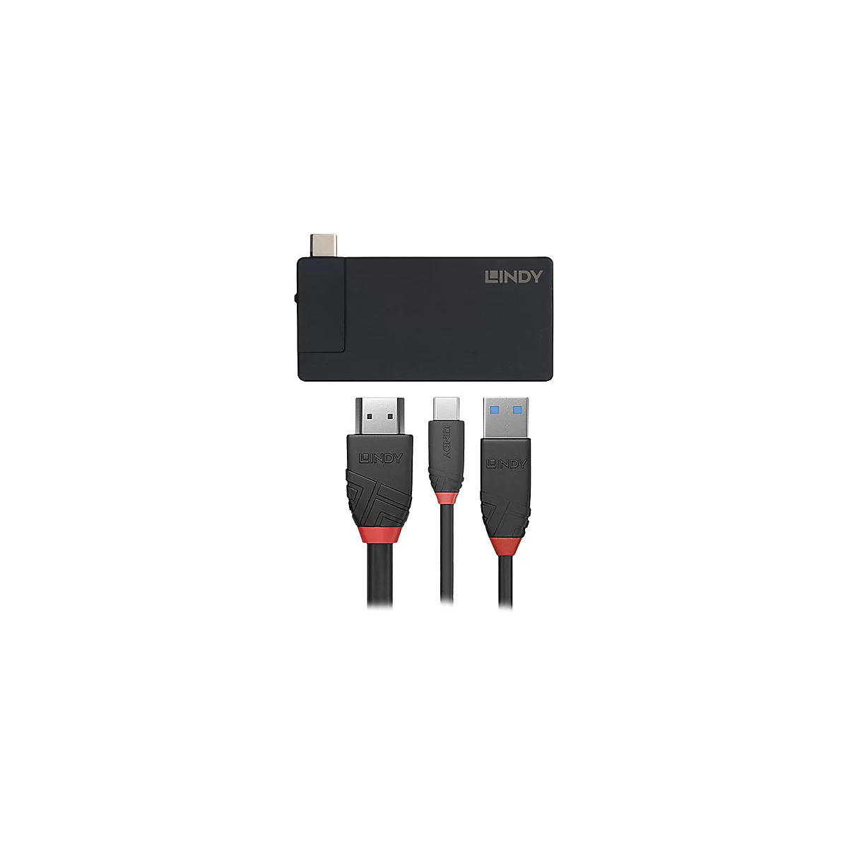 Schwarzes Lindy-GerÃ¤t mit HDMI-, USB- und USB-C-Kabeln. Das Lindy-Logo ist deutlich sichtbar. Die Kabel haben rote Akzente.