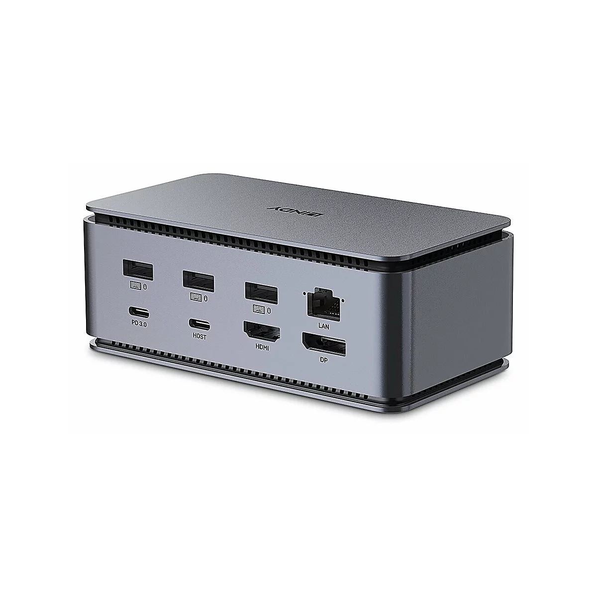 Graue Dockingstation mit diversen AnschlÃ¼ssen. Aufschrift: BINY. Unten stehen die Bezeichnungen der Ports: PD 3.0, HOST, HDMI, LAN, DP.