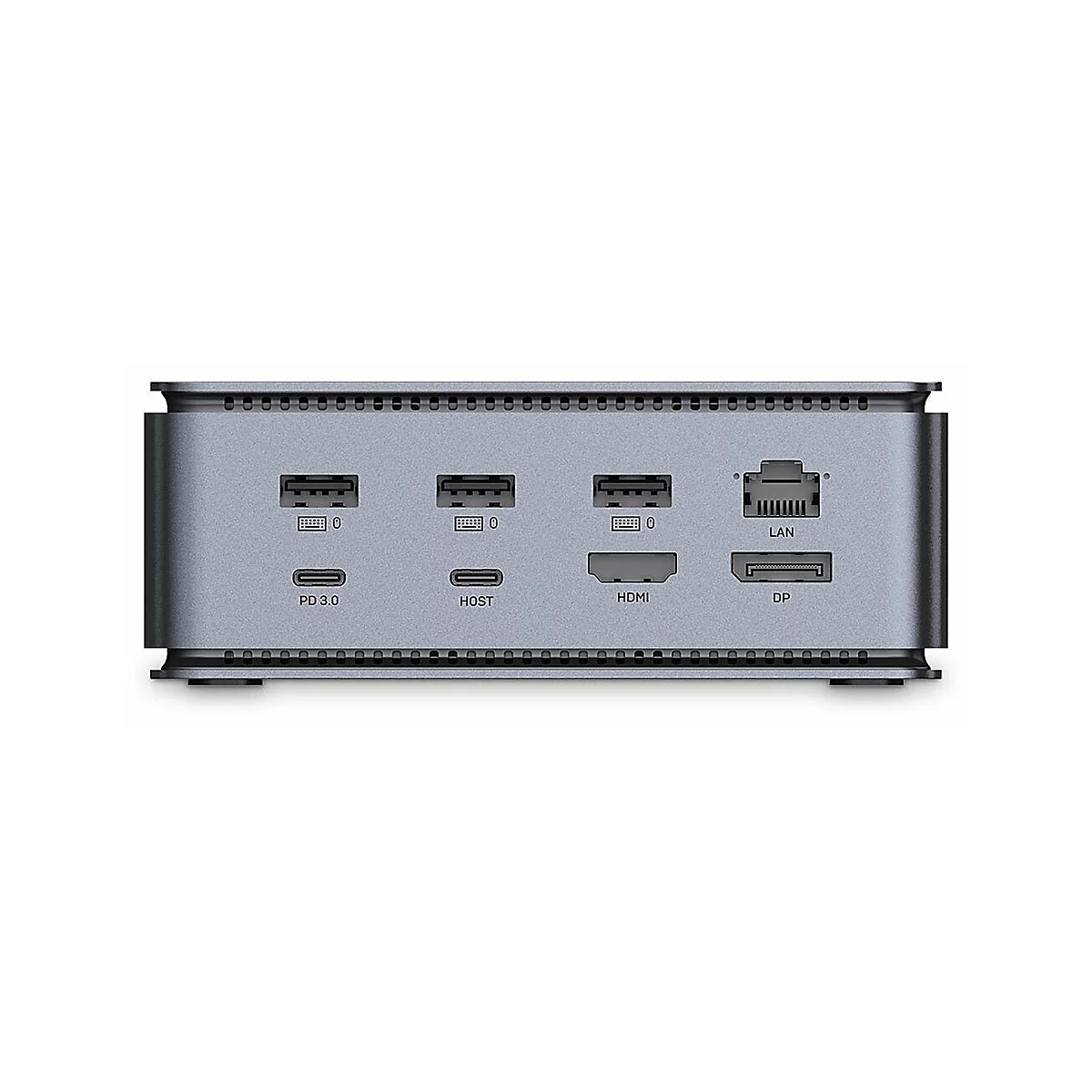 Graues TechnikgerÃ¤t mit AnschlÃ¼ssen: PD 3.0, HOST, HDMI, LAN und DP.