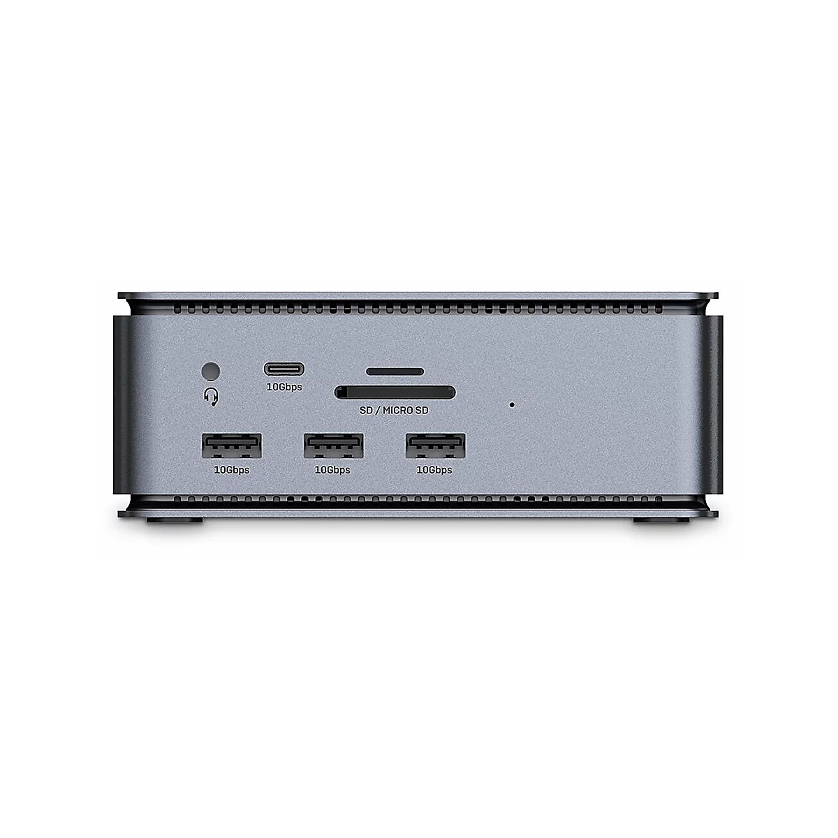 Grauer Hub mit verschiedenen AnschlÃ¼ssen: USB-C, SD-Kartenleser, USB-A, KopfhÃ¶reranschluss. Auf weiÃŸem Hintergrund.