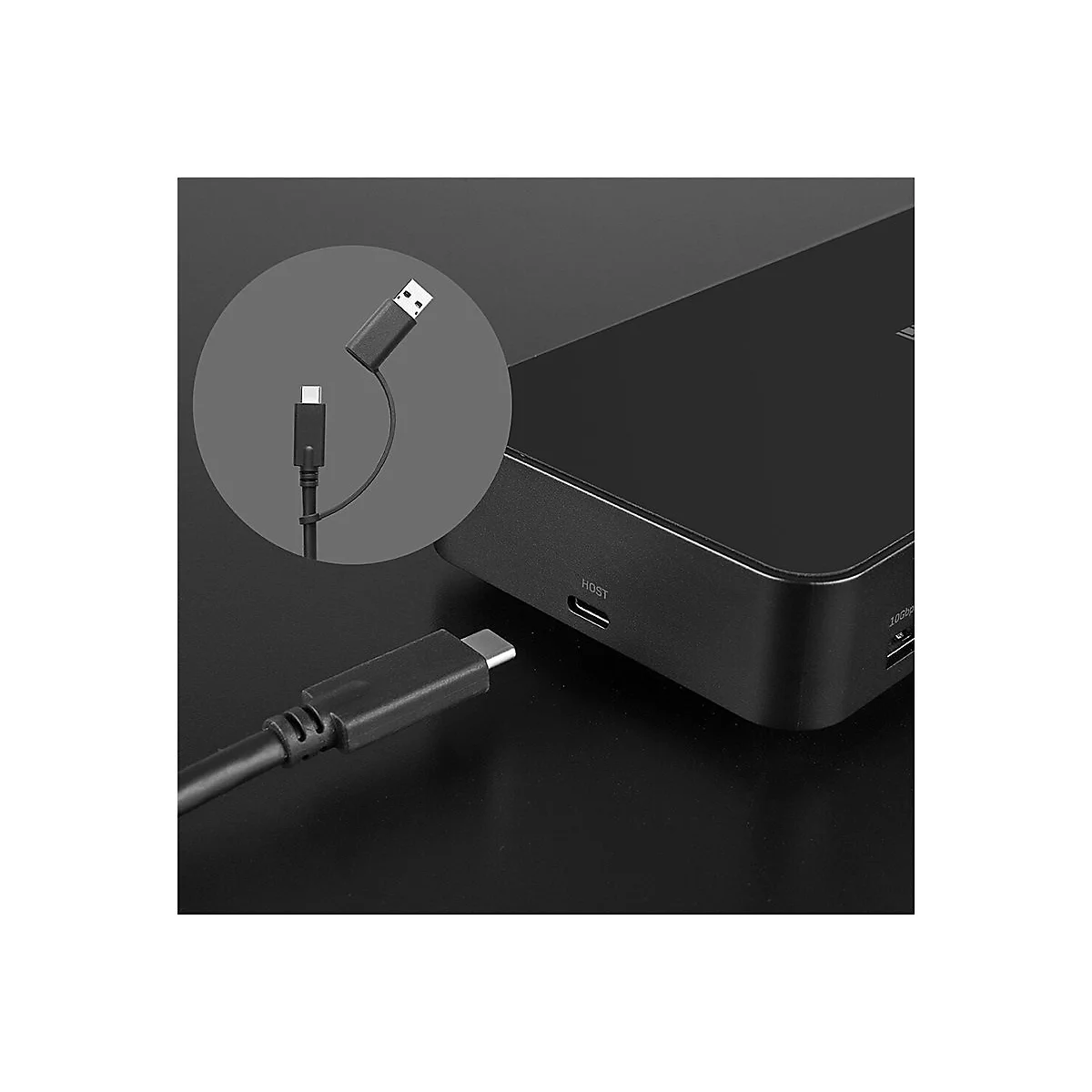 Schwarz USB-C Kabel wird in Powerbank gesteckt. Im Kreis: Kabel mit USB und USB-C Stecker. Schwarzer Hintergrund.