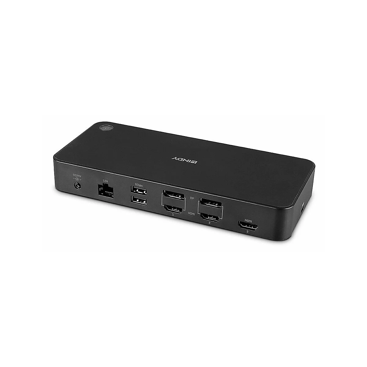 Schwarze Dockingstation mit mehreren AnschlÃ¼ssen, darunter USB und HDMI. Aufschrift AGIN.
