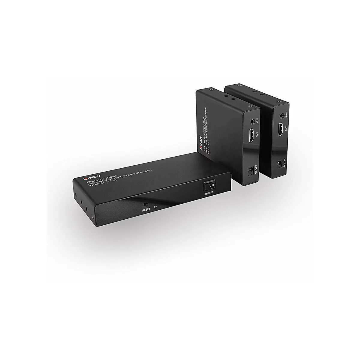 Drei schwarze HDMI-Extender von LINDY. Eines ist flach, zwei stehen. Alle haben Anschlüsse und Aufschriften.