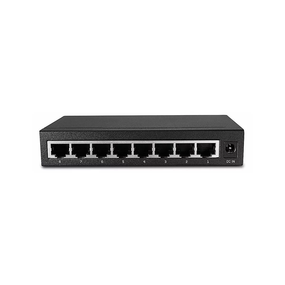 Schwarzer Ethernet-Switch mit acht Anschlüssen und Beschriftung. Rechts ist der Anschluss DC IN.