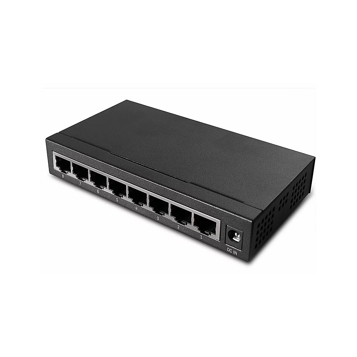 Schwarzer Netzwerk-Switch mit acht Ports, beschriftet mit Nummern 1-8. Am Ende befindet sich ein DC-IN-Anschluss.