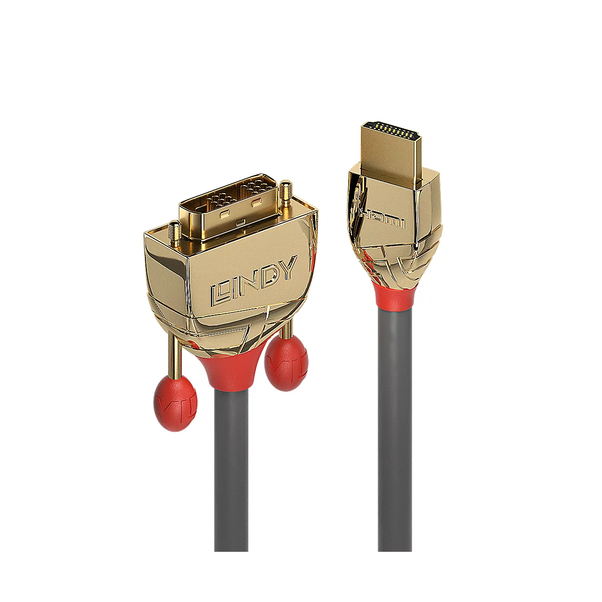 Zwei goldfarbene Kabel, mit roter Verbindung und grauer Leitung, vor schwarzem Hintergrund. Auf einem Kabel steht "LINDY".