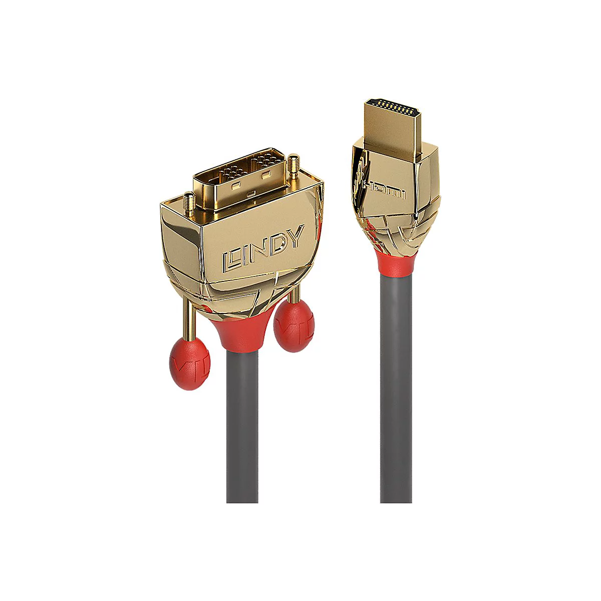 Zwei goldfarbene HDMI- und DVI-Kabel. Aufschrift: LINDY und HDMI.