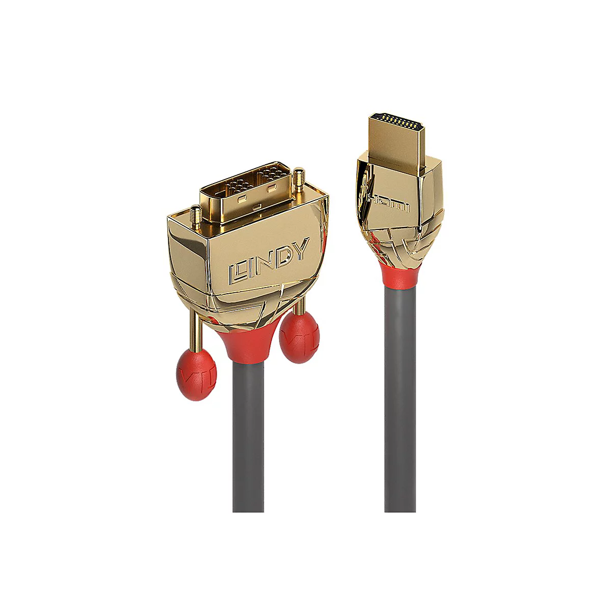 Ein goldenes HDMI-DVI-D-Kabel mit grauen Kabeln und roten Akzenten. LINDY Schriftzug auf dem Stecker.