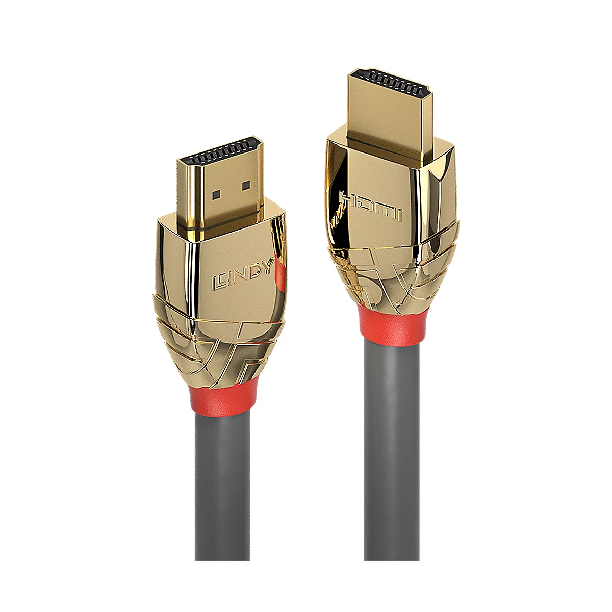 Zwei HDMI-Kabel mit goldenen Steckern und grauen Kabeln, vor schwarzem Hintergrund. Auf einem ist "LINDY" zu lesen.