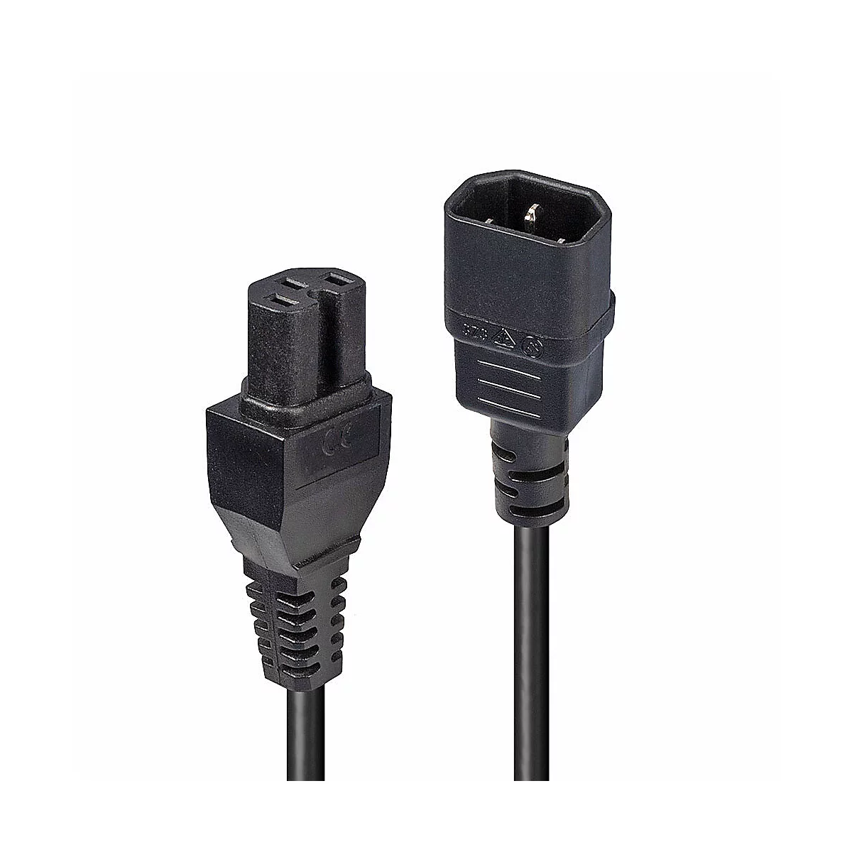 Zwei schwarze Stromkabel, die auf weißem Hintergrund liegen.