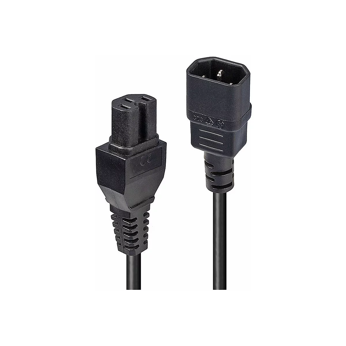 Zwei schwarze Netzkabel mit Stecker für Geräte. Beide Kabel haben einen rechteckigen Stecker.