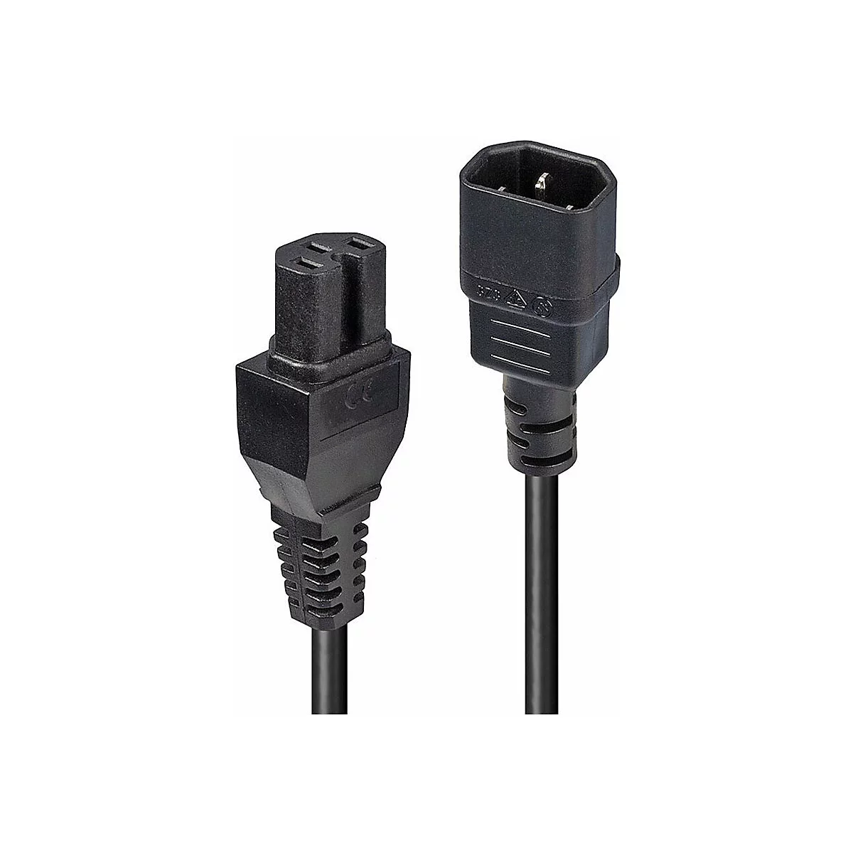 Zwei schwarze Stromkabel mit Steckern auf weißem Hintergrund. Das linke Kabel zeigt einen dreipoligen Stecker, das rechte einen Winkelstecker.