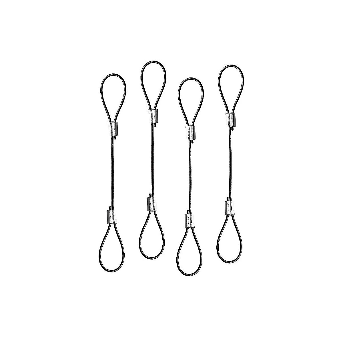 Vier Drahtseilschlaufen mit silberfarbenen Verbindungsstücken auf weißem Hintergrund.