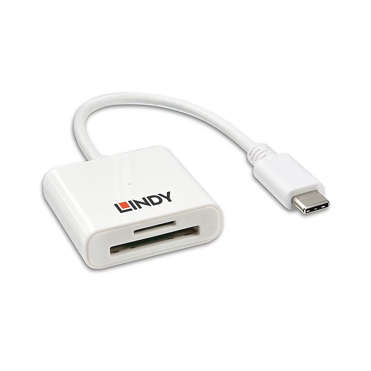 Weißer Kartenleser mit Kabel. Aufdruck: LINDY. Steckplätze für MicroSD und SD. USB-C Stecker.