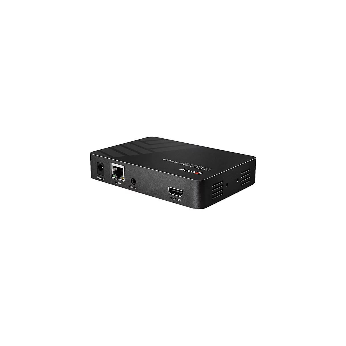 Schwarzer HDMI-Extender mit AnschlÃ¼ssen, inkl. UTP, IR-TX und HDMI IN.