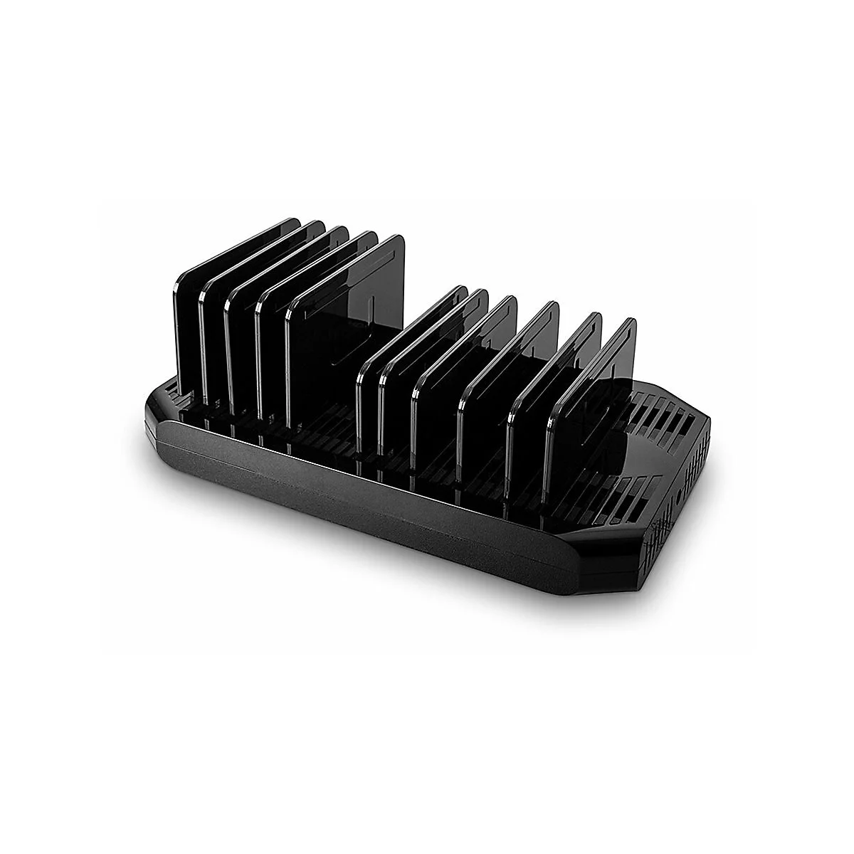 Schwarzer Dokumentenhalter mit mehreren vertikalen Fächern, vor weißem Hintergrund.