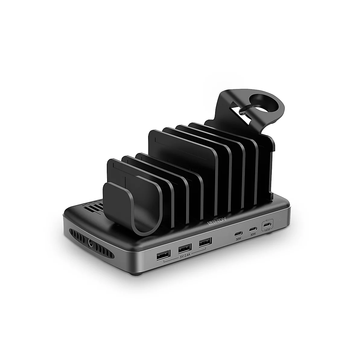 Schwarze Lade- und Dockingstation für mehrere Geräte, mit verschiedenen Anschlüssen und einer Halterung für eine Smartwatch.