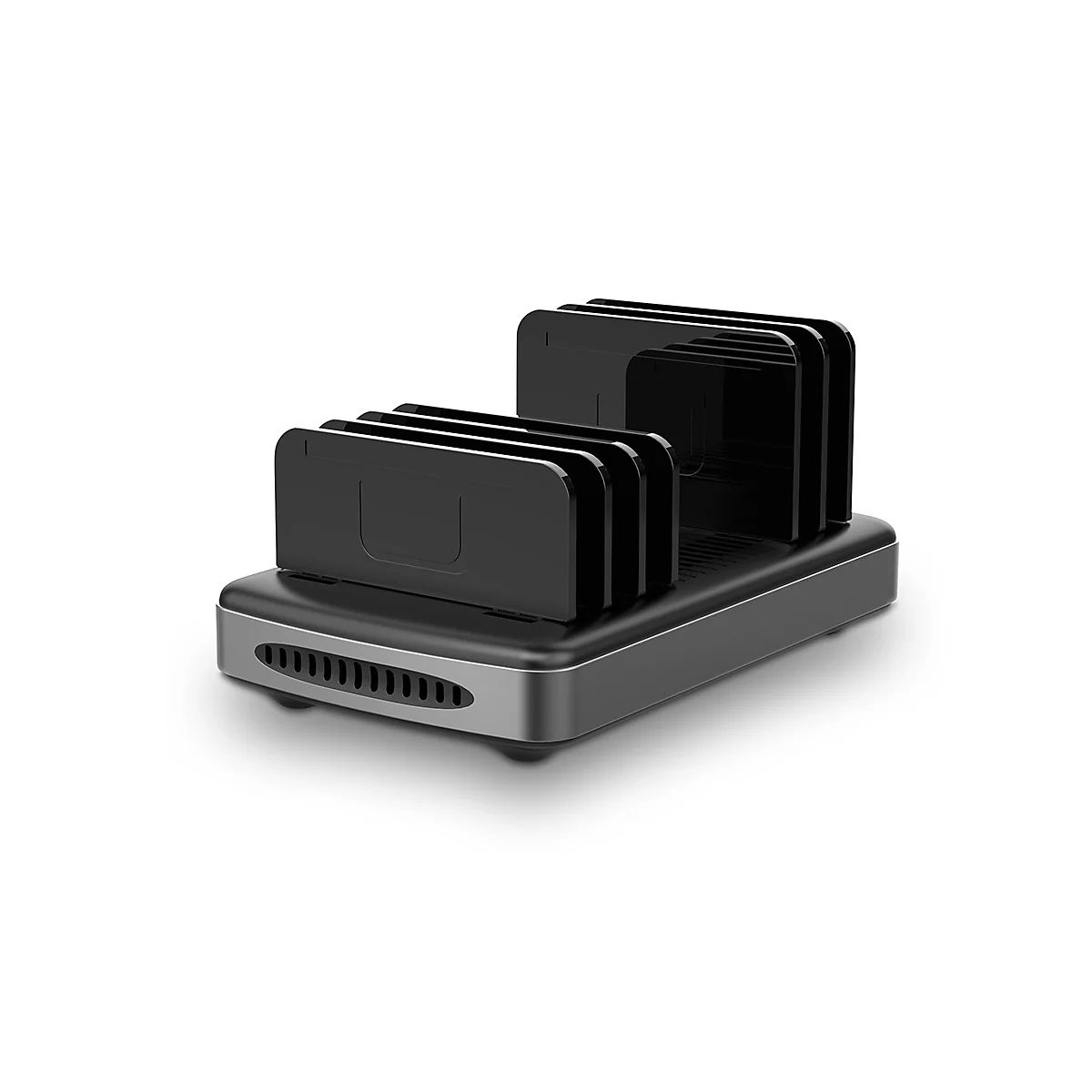 Schwarze Festplatten-Dockingstation auf silbernem Sockel. Sie hat mehrere Schlitze für Festplatten und steht vor weißem Hintergrund.