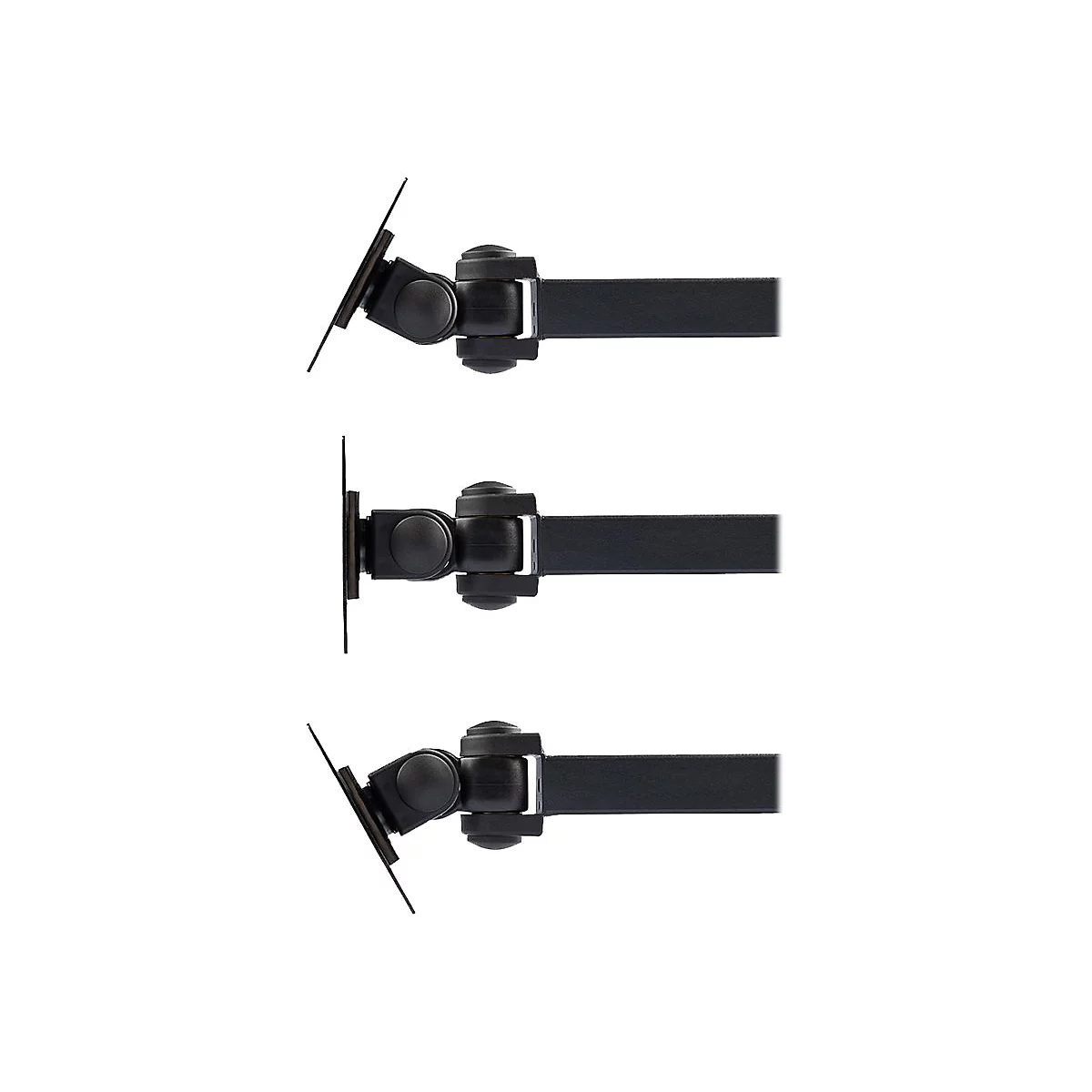 Drei schwarze Monitorhalterungen in unterschiedlichen Winkeln, auf weißem Hintergrund.