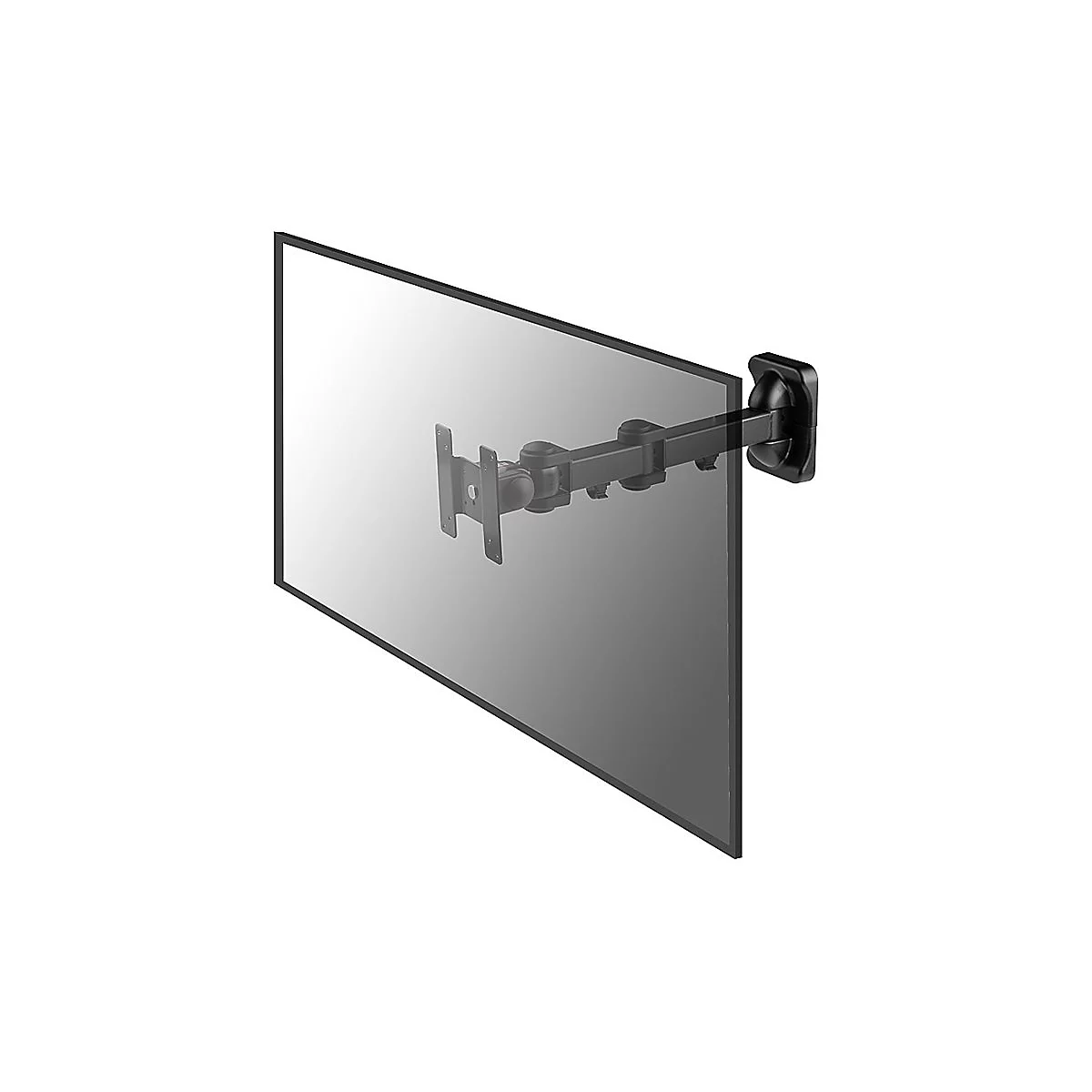 Schwarzer Fernseher an Wandhalterung, aus Metall. Die Halterung ist an der Wand montiert und mit dem Fernseher verbunden.