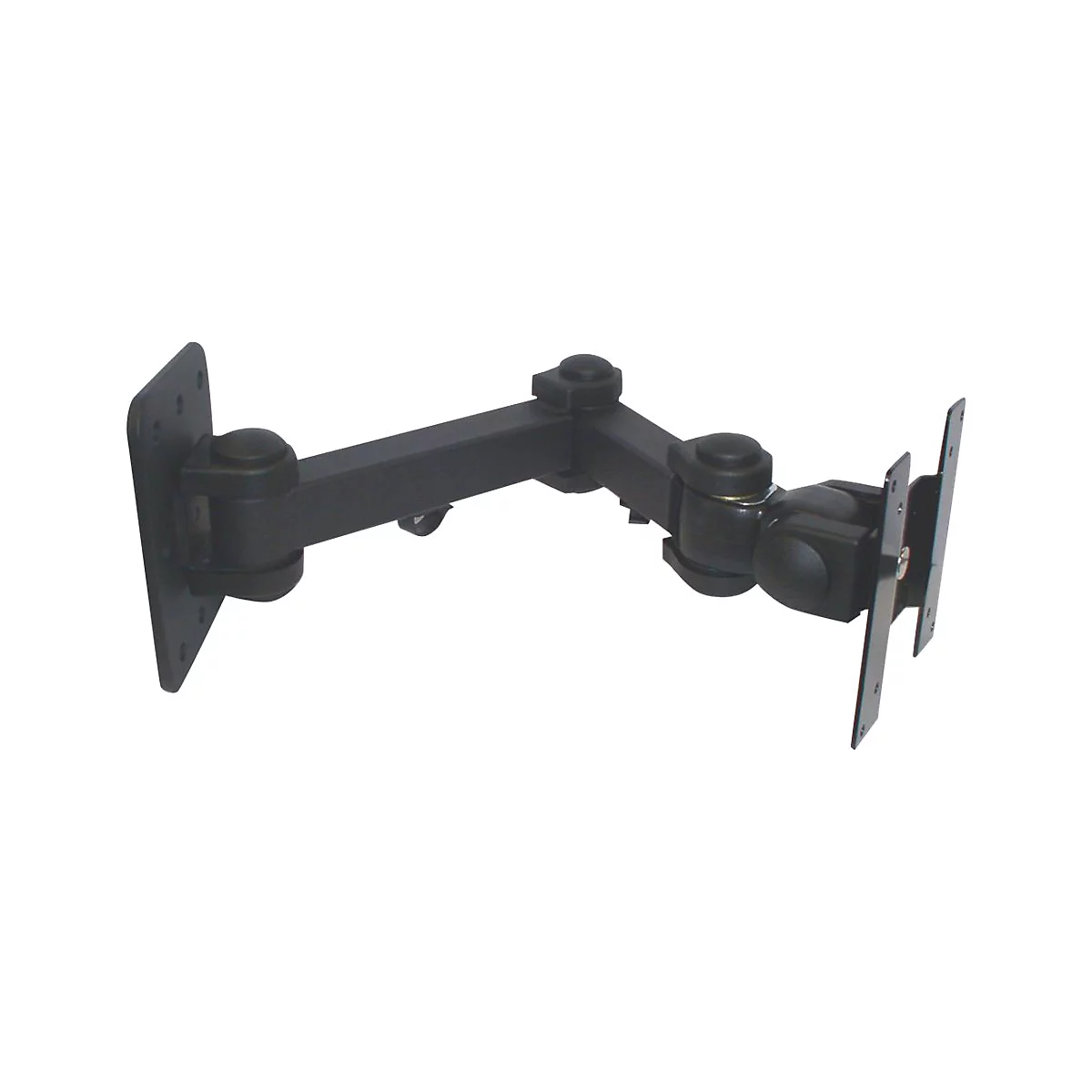 Schwarze TV-Wandhalterung, abgewinkelt dargestellt. Die Halterung hat mehrere Gelenke und ist an einer quadratischen Platte befestigt.