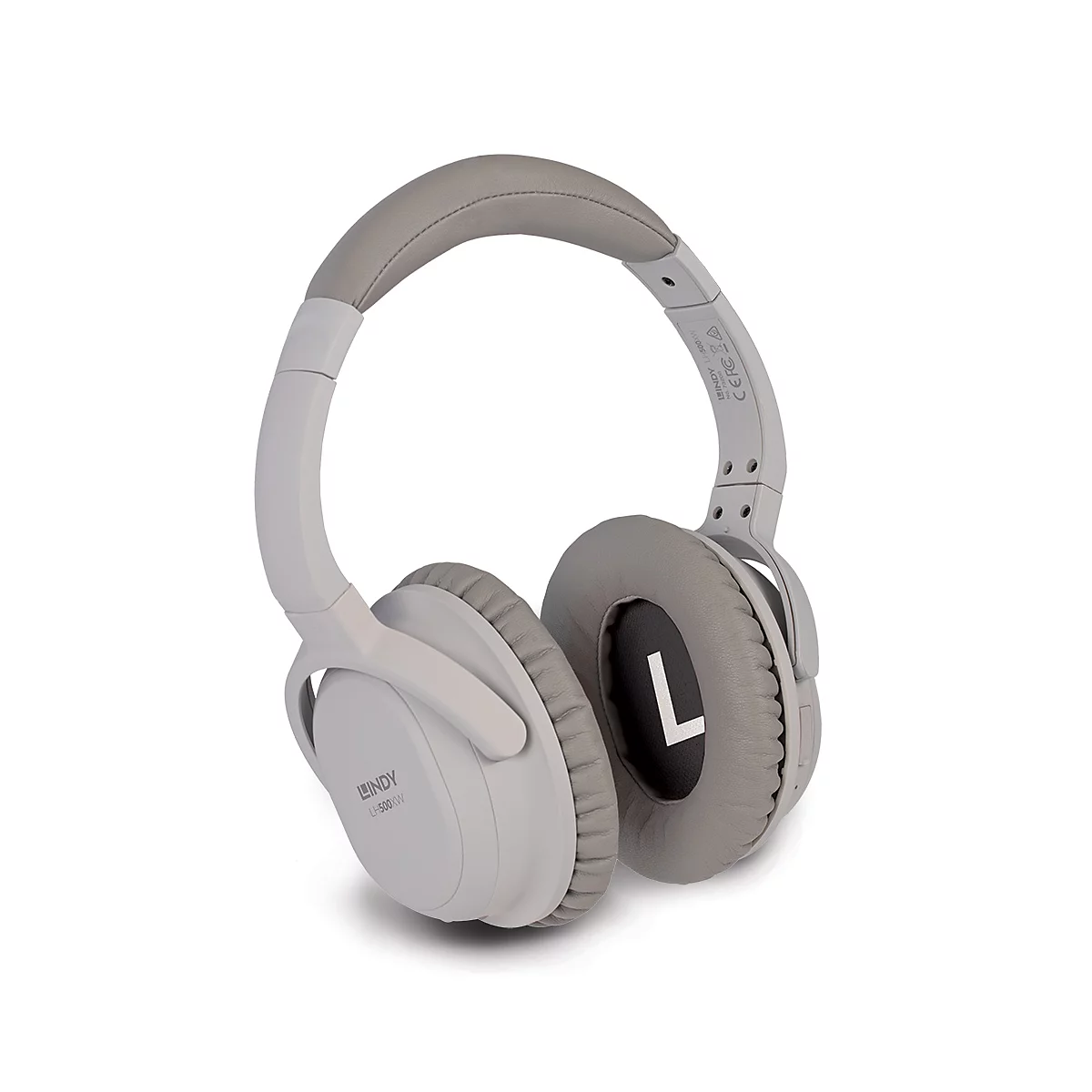 Hellgrauer Kopfhörer mit Ohrmuschelmarkierung "L".