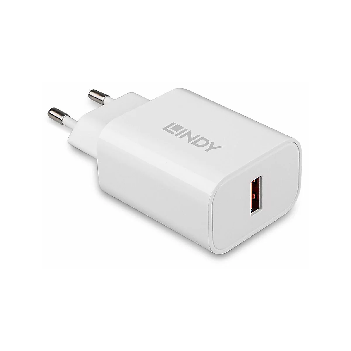 Weißes Netzteil mit USB-Anschluss. Auf dem Gehäuse steht LINIDY.