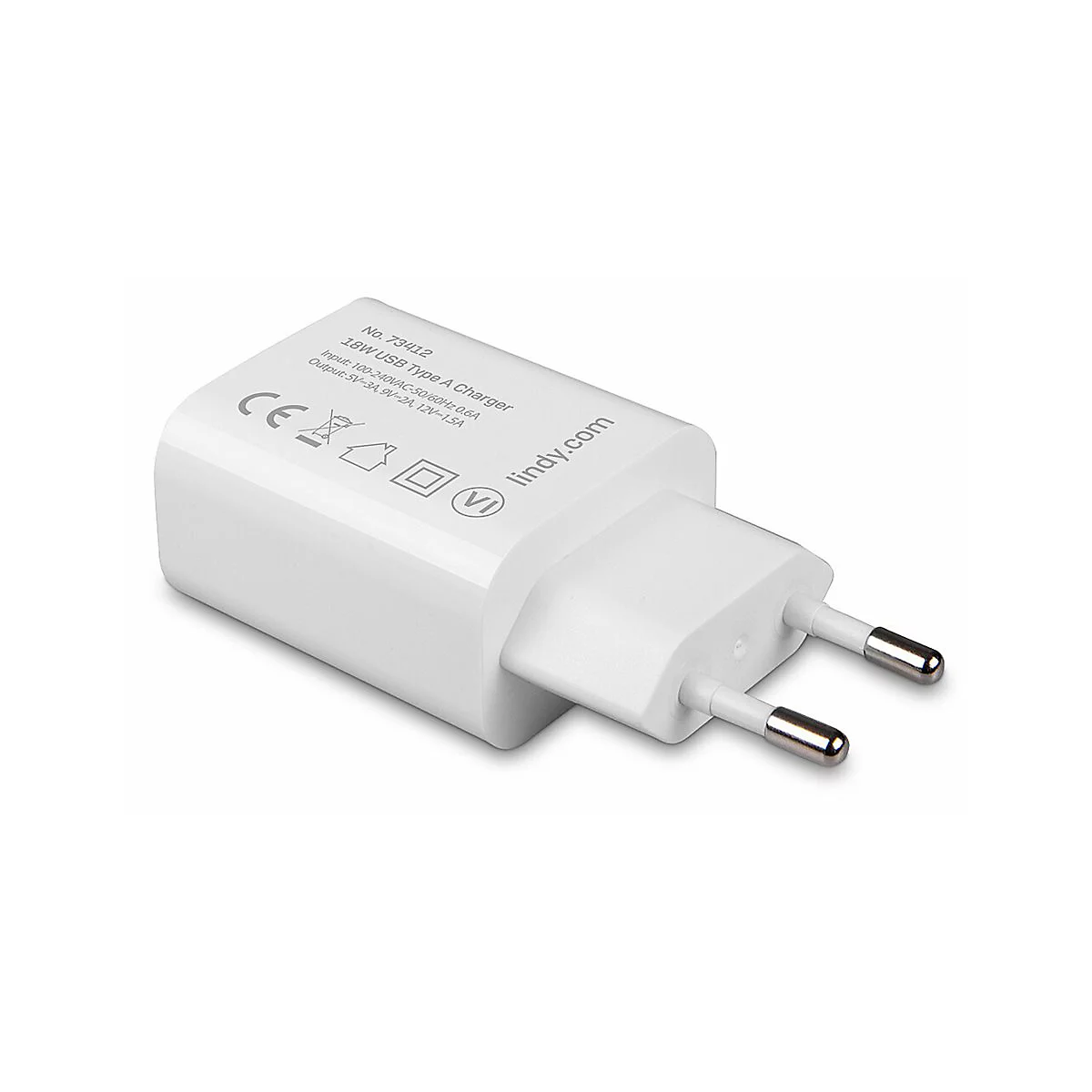 Weißes USB-Ladegerät, EU-Stecker. Aufschrift: Lindy.com, 18W USB Typ A, CE-Zeichen, weitere Informationen.