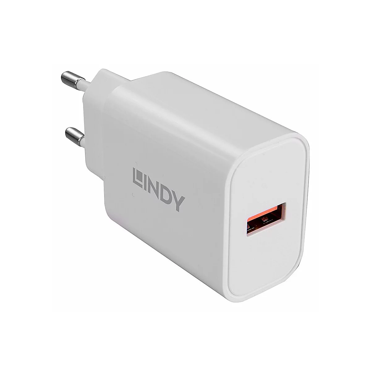 Weißes USB-Ladegerät mit Logo "LINDY" und roter USB-A Buchse.