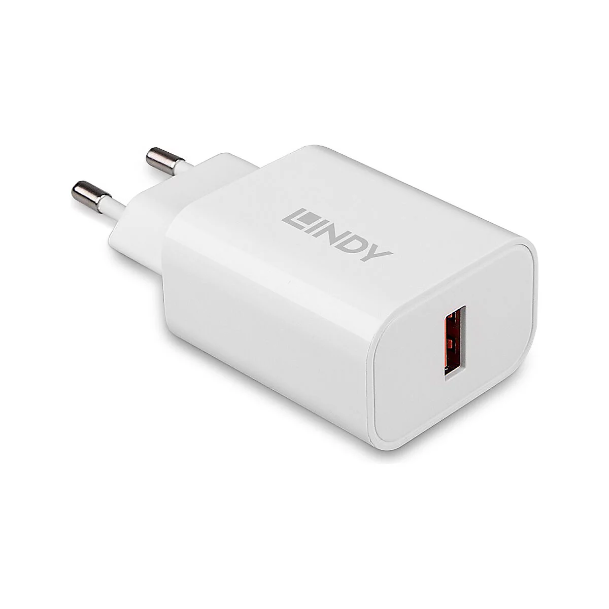 Weißes Lindy-Ladegerät mit USB-Anschluss und Netzstecker. Das Logo ist auf der Oberfläche zu sehen.