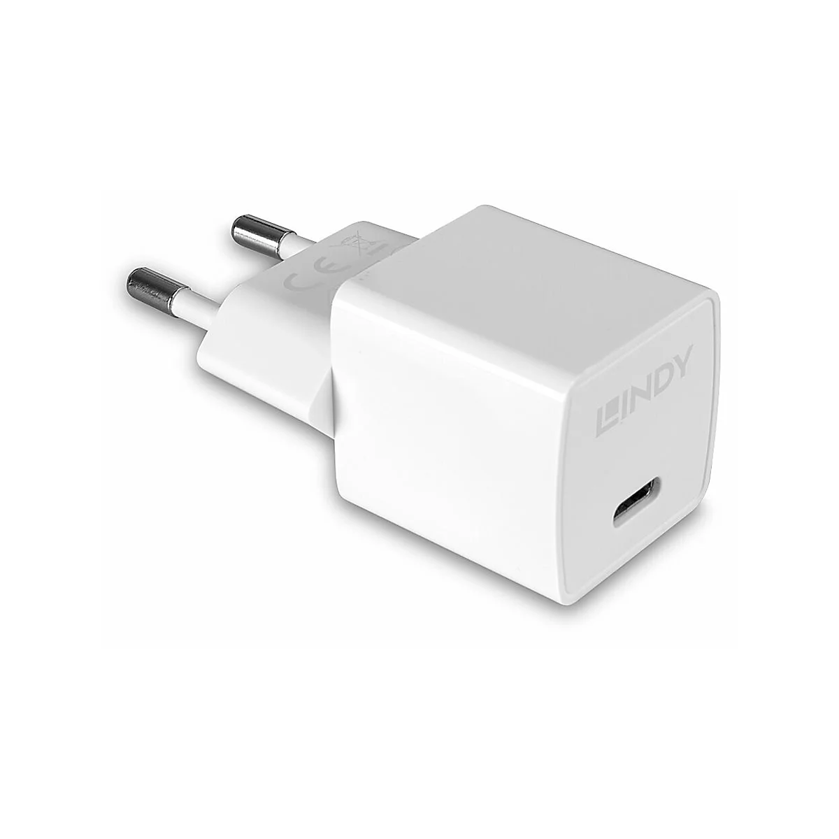Weißes Netzteil mit USB-Anschluss und Logo der Marke LINDY.