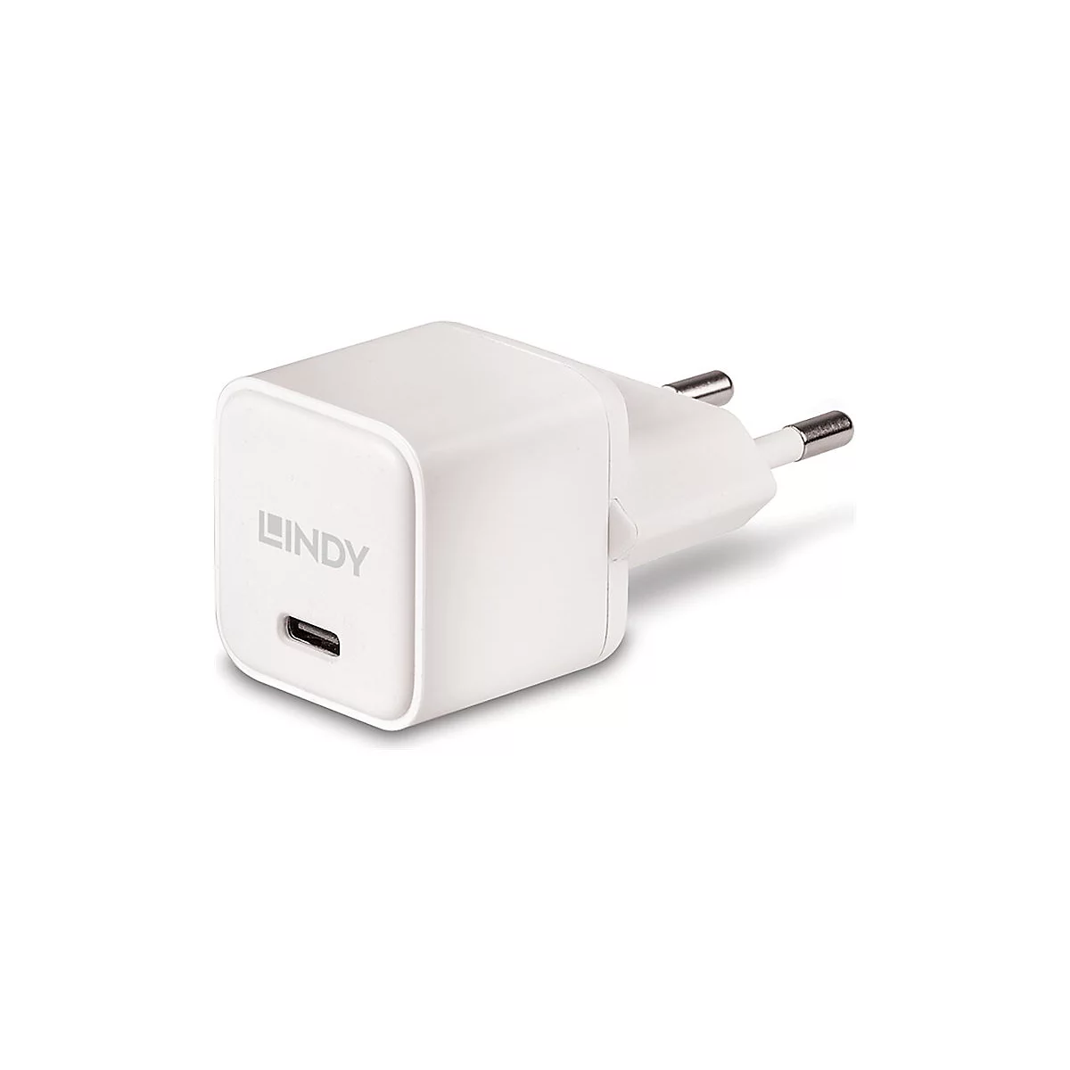 Weißes Lindy-Ladegerät mit USB-C-Anschluss und Netzstecker.
