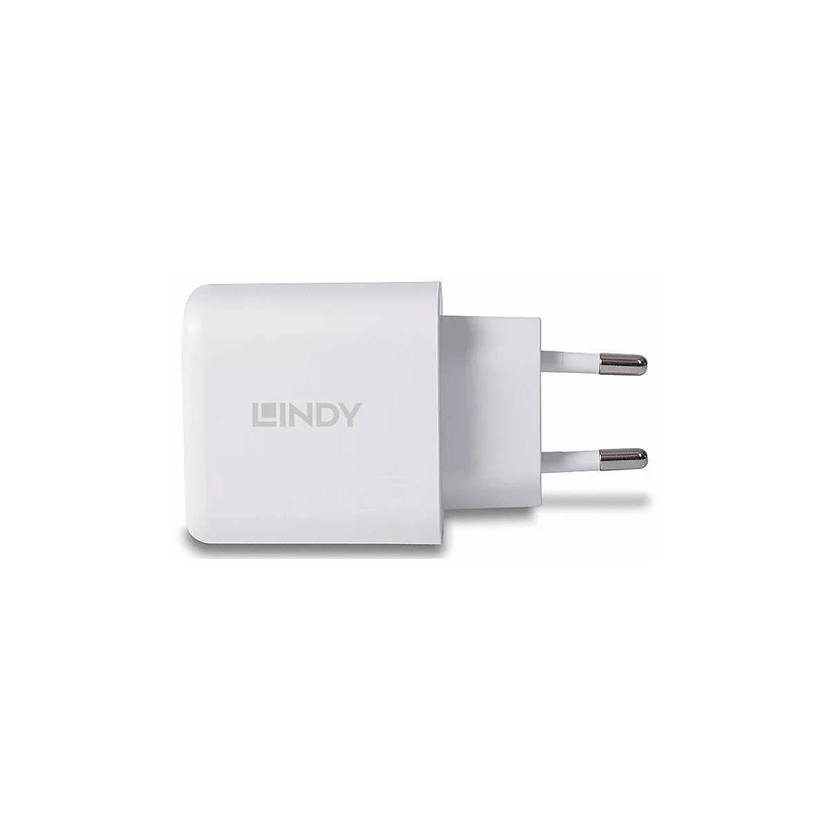 Ein weißes Netzteil mit silbernen Steckern, das Logo 'LINDY' auf der Vorderseite.