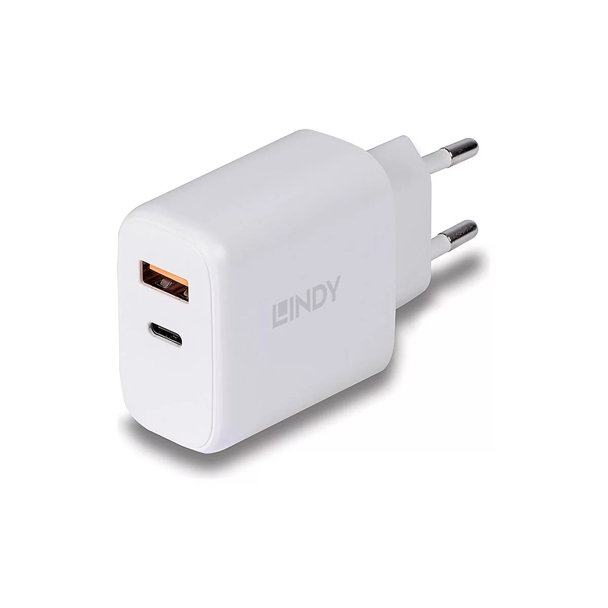 Weißes USB-Ladegerät mit Logo, USB-A- und USB-C-Anschluss, Stecker. Aufschrift LINDY.
