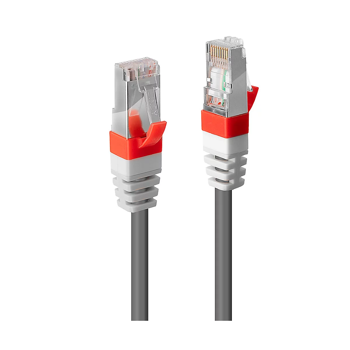 Zwei graue Netzwerkkabel-Stecker mit roten Sicherungsnasen, im Detail vor weißem Hintergrund.